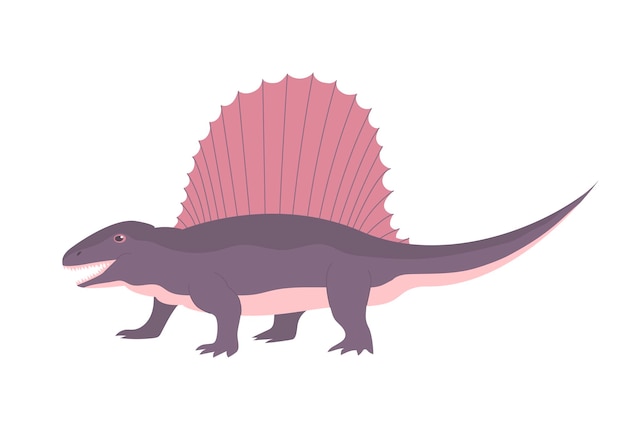 Cazador de dinosaurios dimetrodon del período jurásico placa de aleta en la parte posterior ilustración de dibujos animados vectoriales