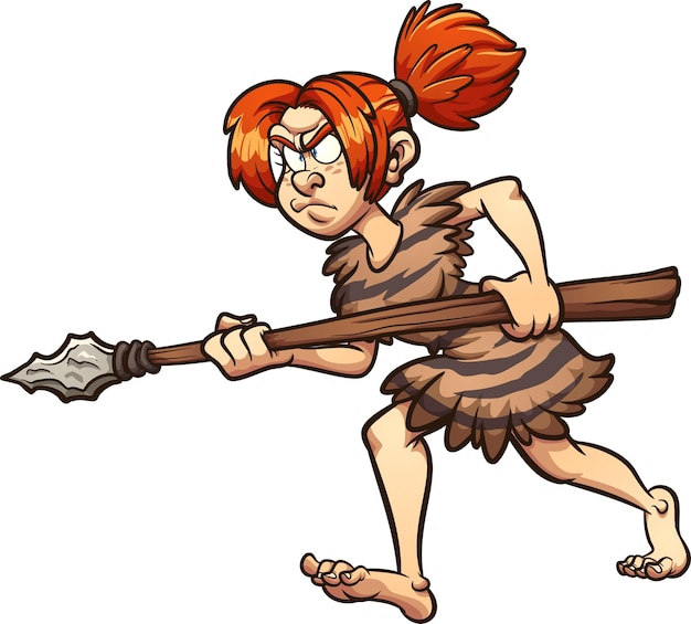 Cazador de la mujer de las cavernas caminando sosteniendo una lanza.