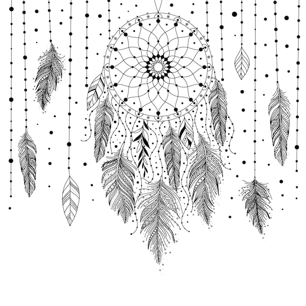 Cazador de sueños dibujado a mano en blanco y negro con detalles florales y plumas