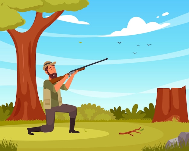Vector cazador vectorial con personaje de dibujos animados de hombre disparando