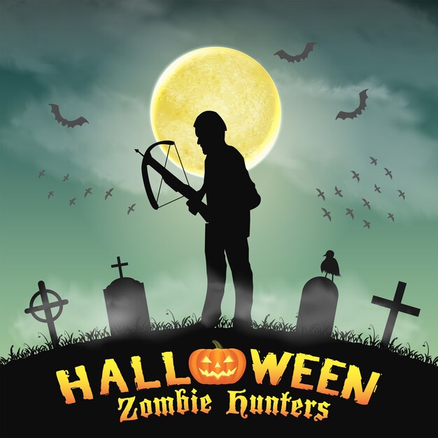 Cazador de zombis de halloween con ballesta en el cementerio