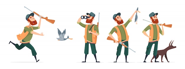 Vector cazadores de dibujos animados. cazador con perro, pistolas, binoculares, pato aislado sobre fondo blanco.