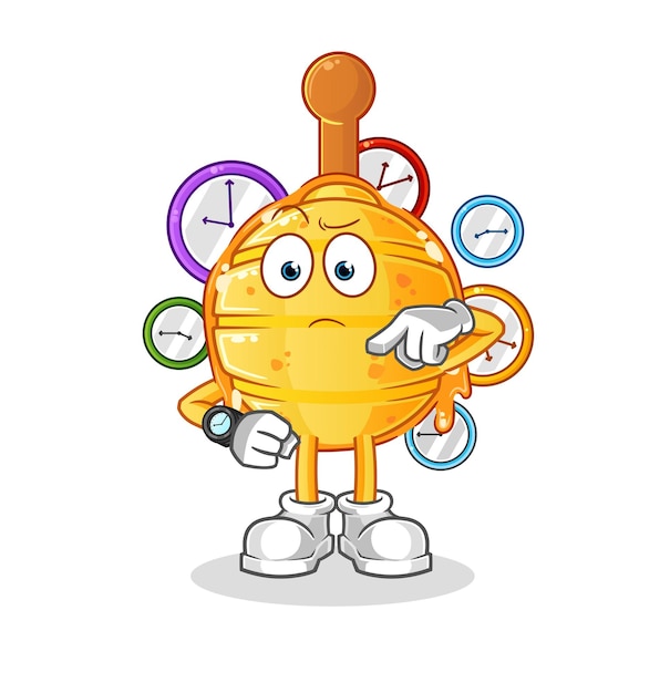 cazo de miel de madera con dibujos animados de reloj de pulsera. vector de mascota de dibujos animados