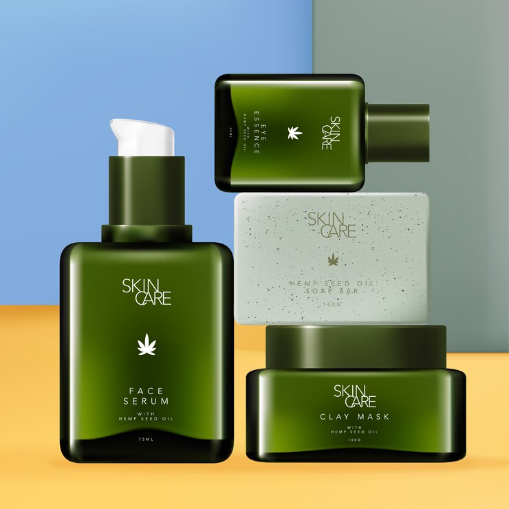 CBD Aceite de semilla de cáñamo para el cuidado de la piel y el cuerpo Conjunto con suero facial verde teñido o botella de vidrio para bomba de esencia ocular, tarro de máscara de arcilla y barra de jabón exfoliante.