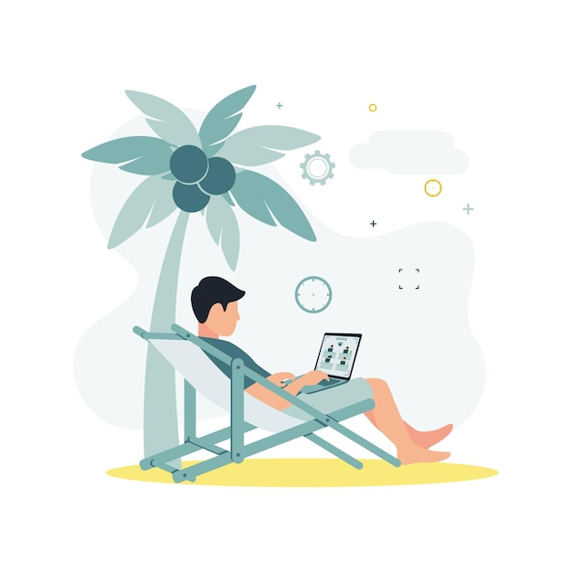 Vector cctv una ilustración vectorial de un hombre sentado en una tumbona bajo una palmera con un coco en la playa sosteniendo una laptop en sus manos