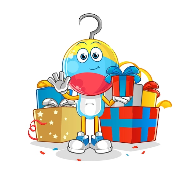 Cebo de pesca dar regalos mascota vector de dibujos animados
