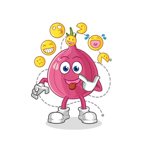 La cebolla roja se ríe y se burla del personaje de dibujos animados vector de mascota