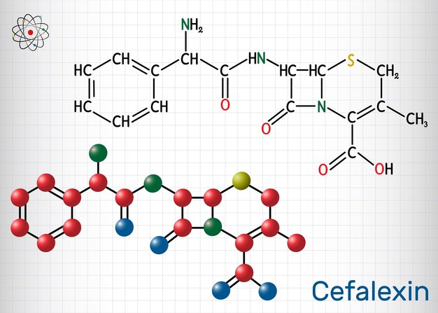 Cefalexina cefalexina Fórmula química estructural y modelo de molécula Hoja de papel en una jaula