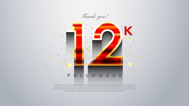 celebración 12k seguidores vector con números rojos brillantes