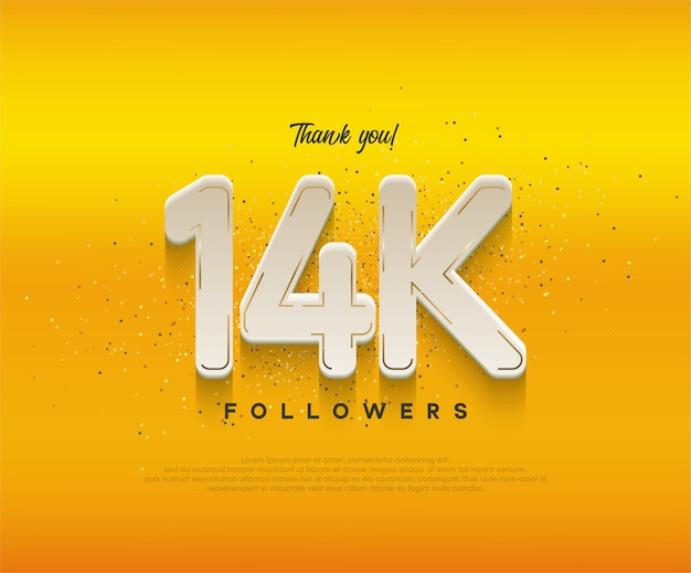 Celebración de 14k seguidores con números blancos modernos en fondo amarillo