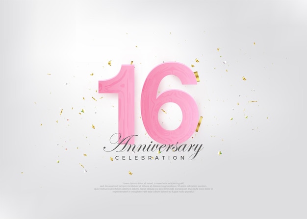 Celebración del 16 aniversario con hermosos números rosados y muy encantador fondo vectorial premium para saludar y celebrar