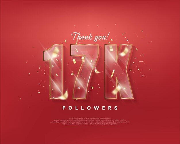 Celebración de 17k seguidores con figuras de vidrio sobre un fondo rojo.