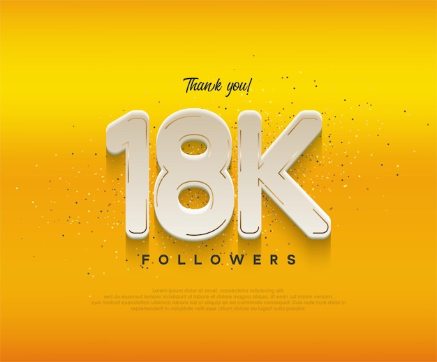 Vector celebración de 18k seguidores con números blancos modernos sobre fondo amarillo