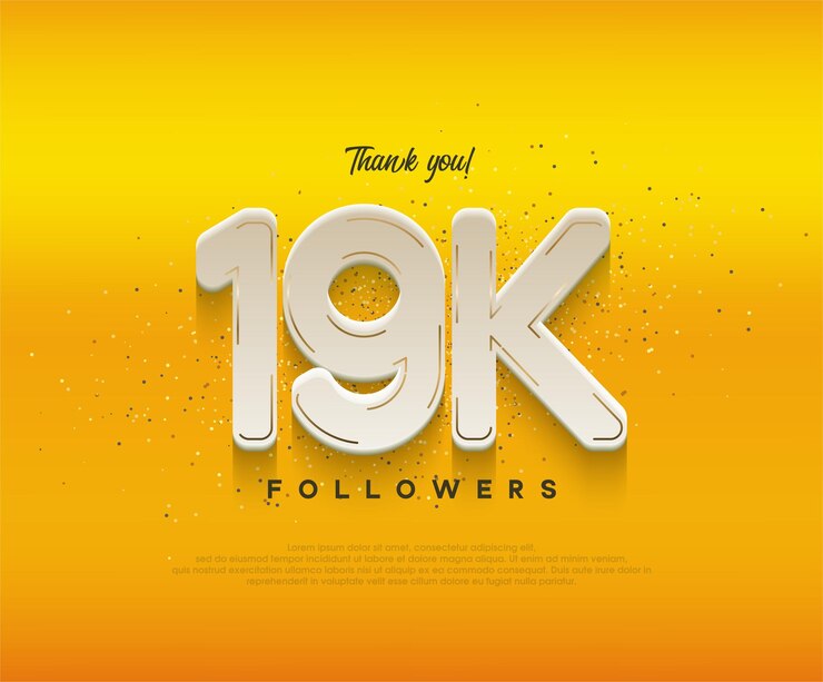 Vector celebración de 19.000 seguidores con números blancos modernos sobre fondo amarillo