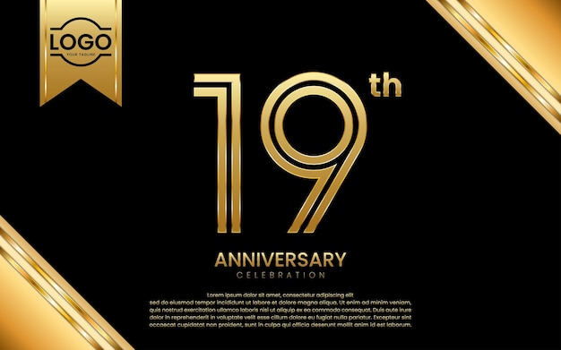 Celebración del 19 aniversario Diseño de plantilla de aniversario con número dorado Plantilla vectorial