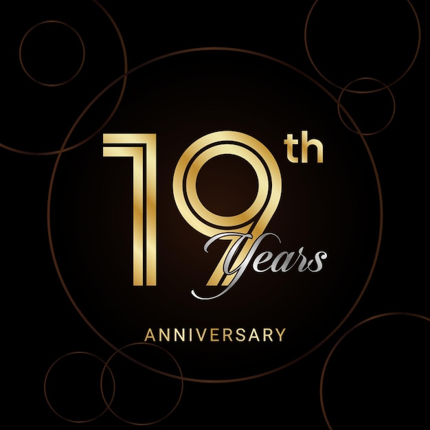 Celebración del 19 aniversario con texto dorado Plantilla de vector de aniversario dorado