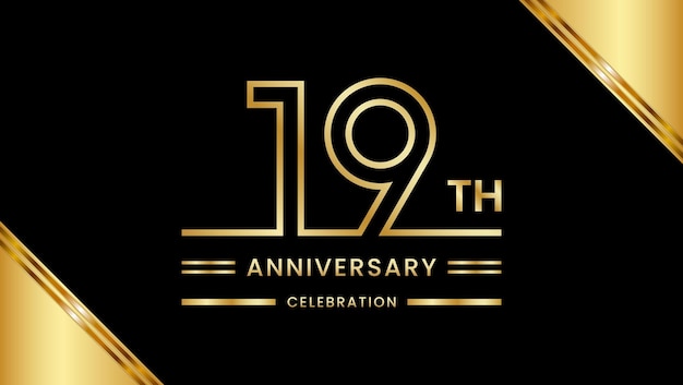 Celebración del 19 aniversario con texto dorado Plantilla de vector de aniversario dorado