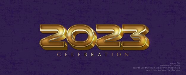 Celebración de 2023 con texto editable estilo dorado 3d sobre fondo morado