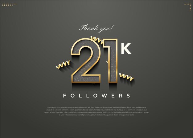 Celebración de 21k seguidores con decoración de desplazamiento de cinta dorada diseño 3d vector premium