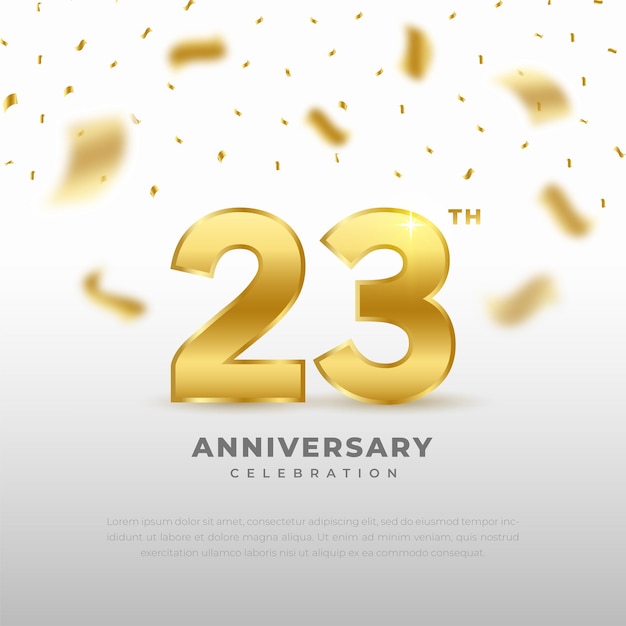 Celebración del 23 aniversario con color dorado brillante y fondo blanco.