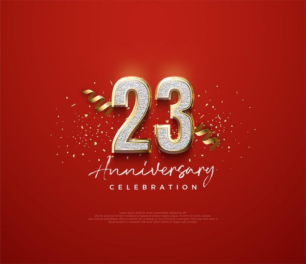 Celebración del 23 aniversario con números dorados brillantes sobre un fondo negro Fondo de vector Premium para saludo y celebración