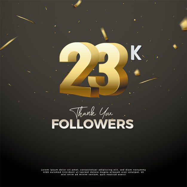 Celebración de 23k seguidores con dibujos premium de vector de ilustración de figuras de oro de pie realistas