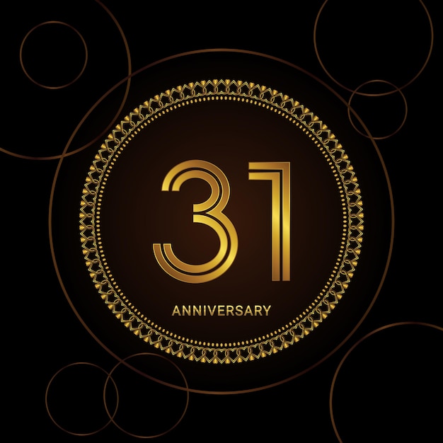 Celebración del 31 aniversario con texto dorado y anillo plantilla vectorial de aniversario dorado