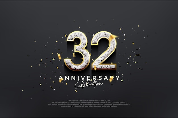 Vector celebración del 32.º aniversario de diseño sencillo y elegante con lujosos números brillantes y brillantes fondo vectorial premium para saludos y celebraciones