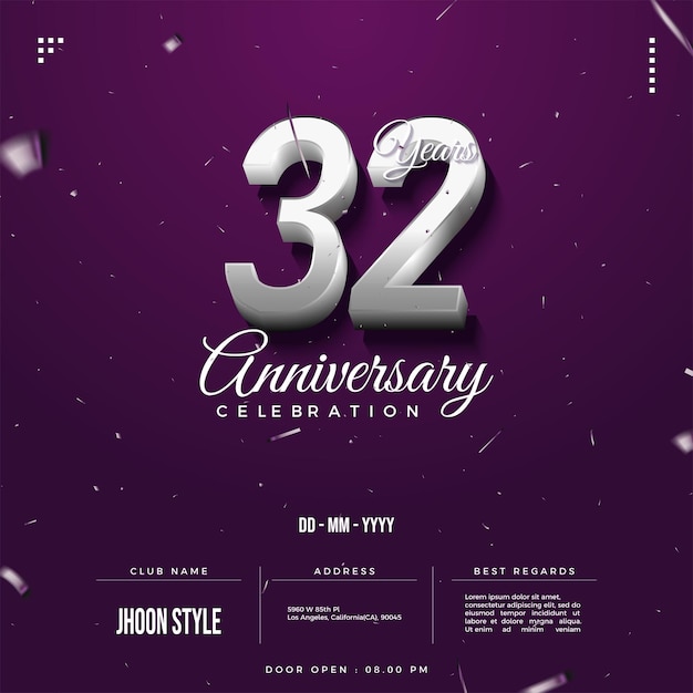 Celebración del 32º aniversario con números 3d plateados.