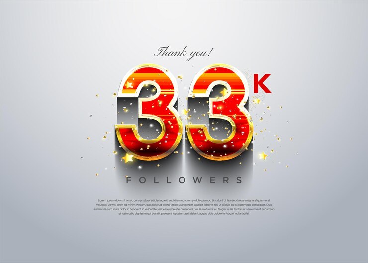 Vector celebración de 33k seguidores con adornos festivos y figuras brillantes.