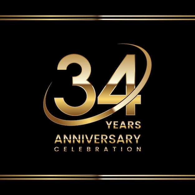 Vector celebración del 34 aniversario diseño de logotipo de aniversario con plantilla de vector de logotipo de anillo dorado