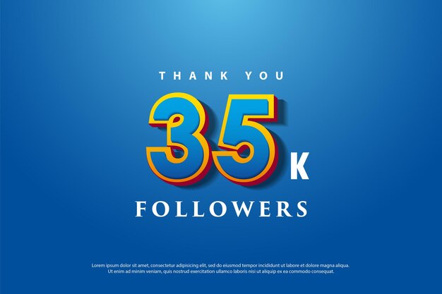 Celebración de 35k seguidores con números azules con combinación amarilla.