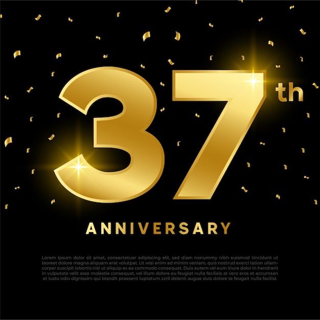 Vector celebración del 37 aniversario con brillo dorado y fondo negro