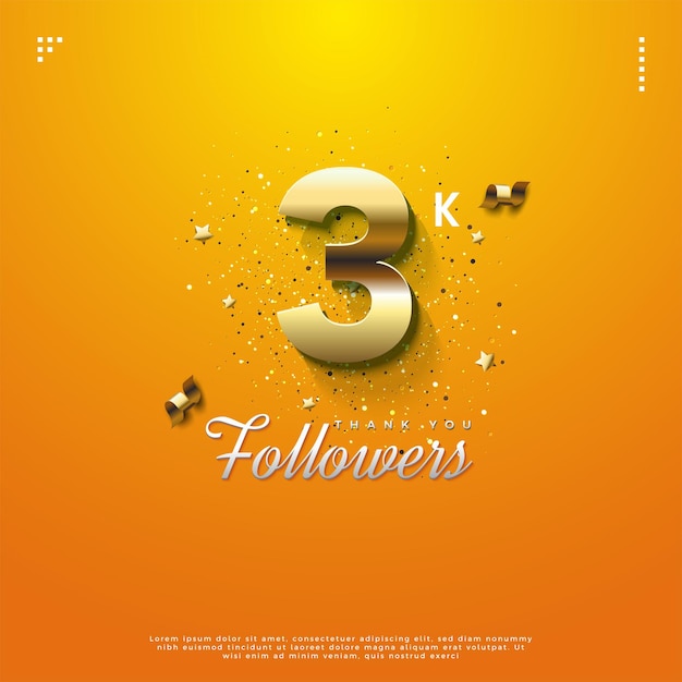 Celebración de 3k seguidores con una simple decoración de cinta dorada de diseño de vector premium