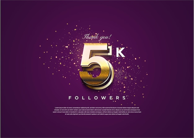 Celebración de 5k seguidores con color púrpura y diseño de fondo de brillo dorado vector premium