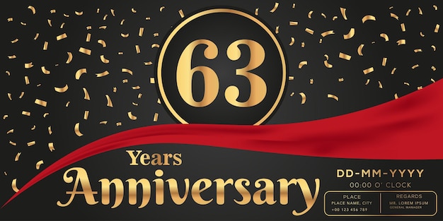 Celebración del 63 aniversario sobre fondo oscuro con números dorados y diseño de confeti