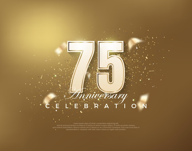 Celebración del 75 aniversario de oro de lujo con números blancos en fondo dorado Vector premium para el cartel de la celebración del estandarte