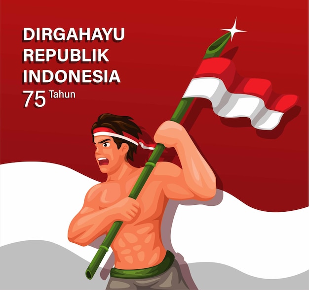 Celebración de 75 años del día de la independencia de indonesia con un soldado sosteniendo una bandera de bambú ilustración