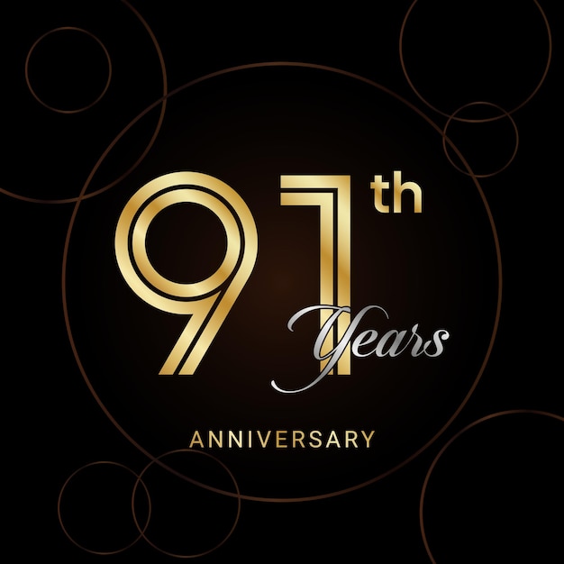 Celebración del 91 aniversario con texto dorado Plantilla vectorial de aniversario dorado