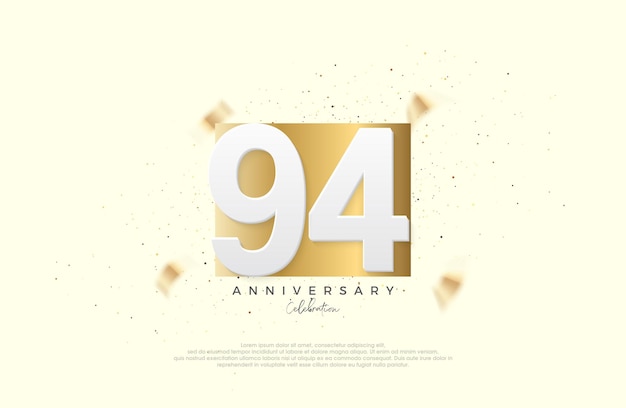 Celebración del 94 aniversario con números en elegante papel dorado Vector premium para el cartel de la celebración del estandarte