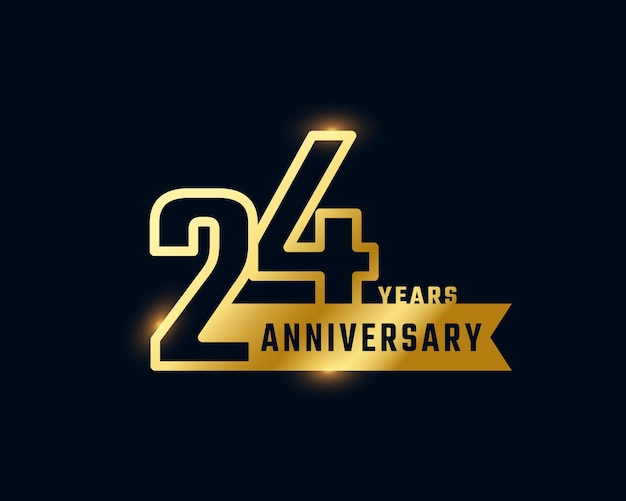 Celebración del aniversario de 24 años con el número de contorno brillante color dorado aislado sobre fondo oscuro