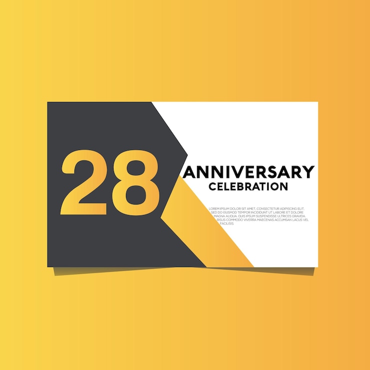 Vector celebración de aniversario de 28 años, diseño de plantilla de celebración de aniversario con color amarillo.