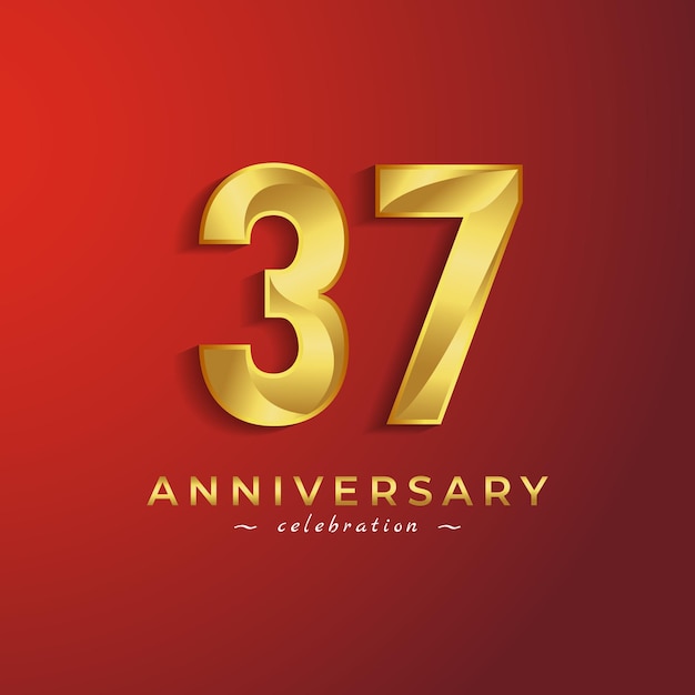 Celebración del aniversario de 37 años con color dorado brillante para la celebración aislada sobre fondo rojo