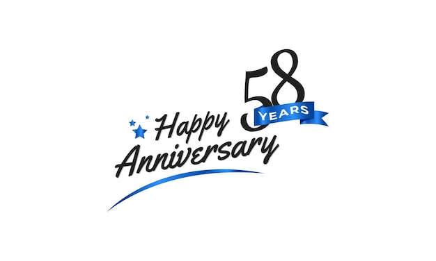 Celebración del aniversario de 58 años con blue swoosh y blue ribbon symbol template design illustration