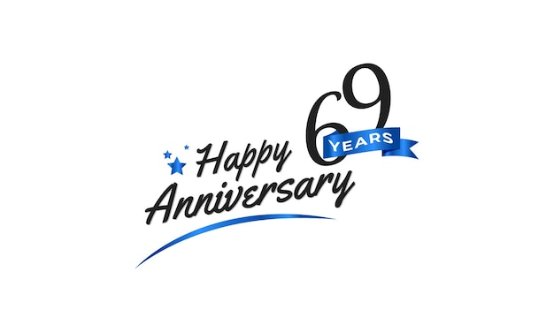 Celebración del aniversario de 69 años con blue swoosh y blue ribbon symbol template design illustration