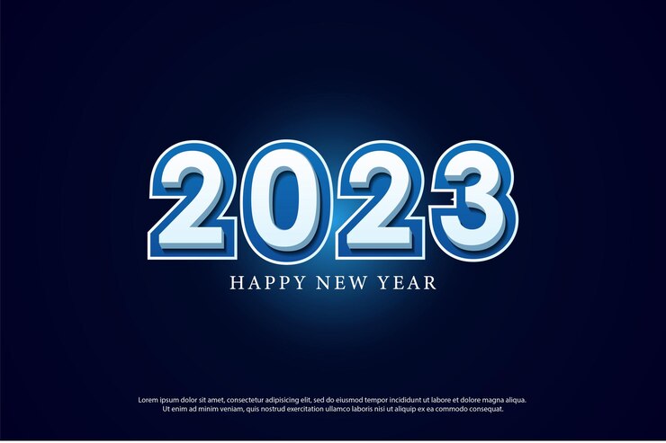 Vector celebración de año nuevo 2023 con un pequeño toque de efecto de luz azul.
