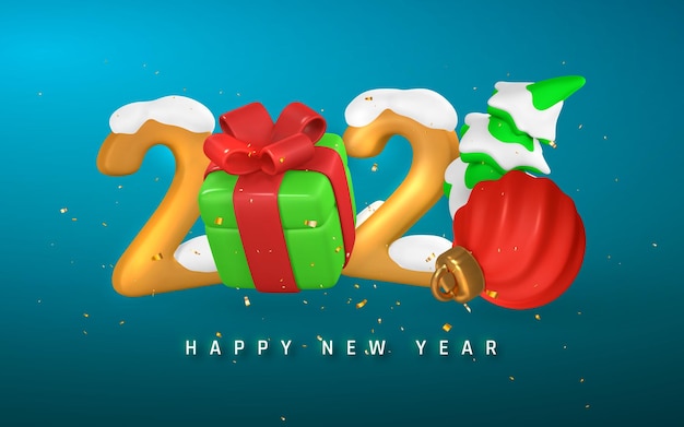 Celebración del Año Nuevo 2026 Fondo con caja de regalos Árbol de Navidad Ornamentos de nieve Estilo de dibujos animados en 3D