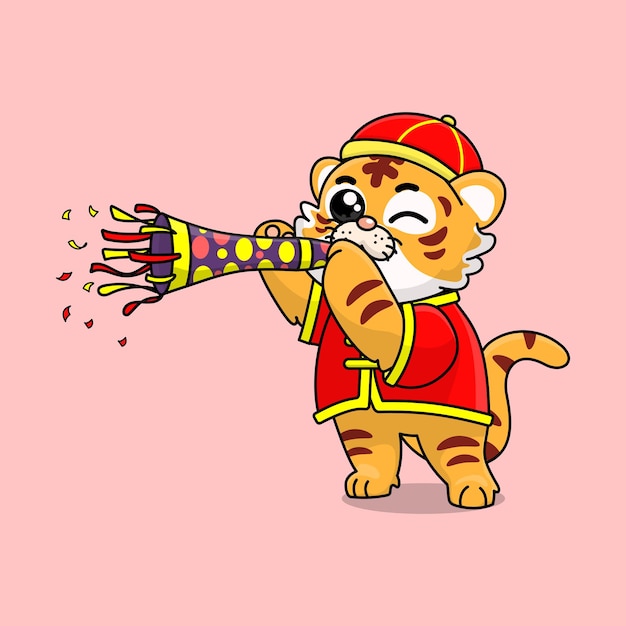 Celebración del año nuevo chino personaje de dibujos animados lindo tigre que sopla trompeta
