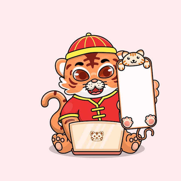 Celebración del año nuevo chino personaje de dibujos animados lindo tigre con teléfono inteligente y computadora portátil