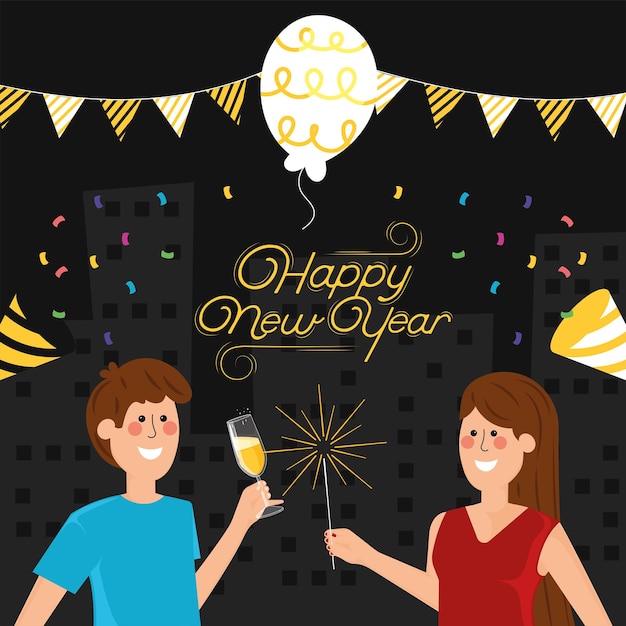 Celebración de Año Nuevo con chispas y champán vector
